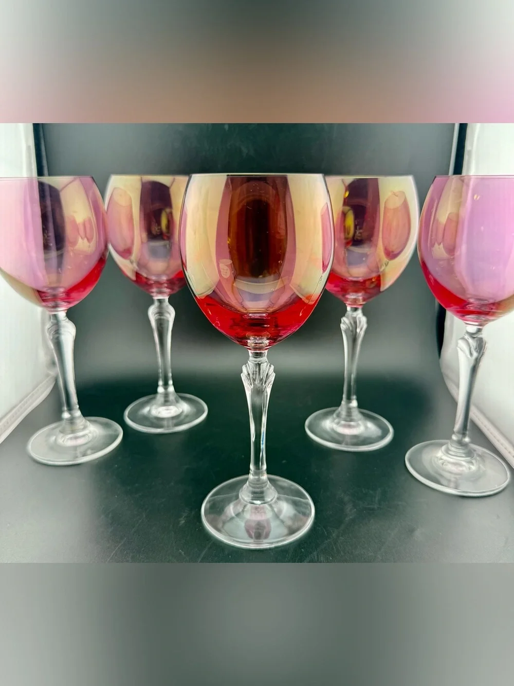 5 Colony Bijoux Pink (Iridescent) wine glasses. 8oz